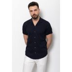 Duz Lacivert Renk Slim Fit Apaç Yaka Kısa Kollu Erkek Gömlek