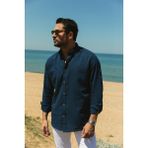 Düz Lacivert Renk Slim Fit Basic Keten Erkek Gömlek - XL