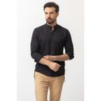 Düz Siyah Renk Slim Fit Hakim Yaka Basic Keten Erkek Gömlek