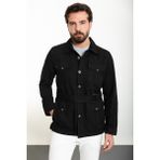 Düz Siyah Renk Slim Fit Torba Cep Gömlek Yaka Kemerli Keten Erkek Trenchcoat - 52