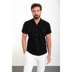 Düz Siyah Slim Fit Apaç Yaka Kısa Kollu Keten Erkek Gömlek - XL