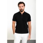 Düz Siyah Slim Fit Fermuarlı Polo Yaka Erkek Triko T-Shirt - XL