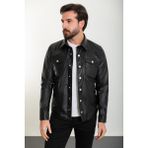 Düz Siyah Slim Fit Gömlek Yaka Suni Deri Erkek Mont - 54