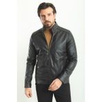 Düz Siyah Slim Fit Hakim Yaka Suni Deri Erkek Mont - 52