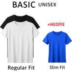Düz Siyah ve Düz Beyaz Ikili Basic Unisex Regular Fit Tişört (Mavi Slim Fit Tişört Hediyeli) - 2XL