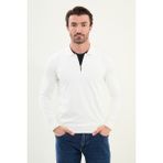 Düz Slim Fit Fermuarlı Polo Yaka Erkek Triko Kazak - Ekru
