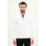 Düz Slim Fit Fermuarlı Yarım Balıkçı Erkek Triko Kazak - Ekru - XL