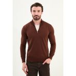 Düz Slim Fit Fermuarlı Yarım Balıkçı Erkek Triko Kazak - Kiremit