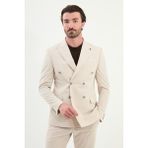 Düz Slim Fit Geniş Yaka Kruvaze Erkek Takım Elbise - 56 - Bej - 6 Drop