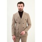 Düz Slim Fit Geniş Yaka Kruvaze Erkek Takım Elbise - Vizon - 6 Drop - 54