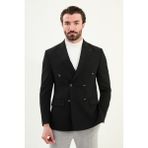 Düz Slim Fit Geniş Yaka Kruvaze Metal Düğmeli Erkek Ceket - Siyah - 48
