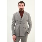 Düz Slim Fit Geniş Yaka Punto Dikiş Kruvaze Erkek Takım Elbise - Gri - 6 Drop - 54