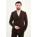 Düz Slim Fit Geniş Yaka Punto Dikiş Kruvaze Erkek Takım Elbise - Koyu Kahverengi - 6 Drop - 46