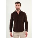 Düz Slim Fit Nakış Detaylı Kadife Erkek Gömlek - 2XL - Kahverengi