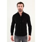 Düz Slim Fit Nakış Detaylı Kadife Erkek Gömlek - 2XL - Siyah