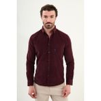 Düz Slim Fit Nakış Detaylı Kadife Erkek Gömlek - Bordo