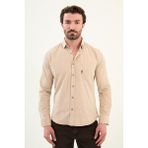 Düz Slim Fit Nakış Detaylı Kadife Erkek Gömlek - XL - Bej