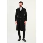 Düz Slim Fit Torba Cep Geniş Yaka Kruvaze Uzun Kaşe Erkek Kaban - Siyah - 52