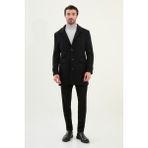 Düz Slim Fit Torba Cep Geniş Yaka Yün Erkek Kaban - Siyah - 56
