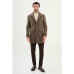 Düz Slim Fit Torba Cep Geniş Yaka Yün Erkek Kaban - Vizon - 54