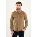 Düz Slim Fit Uzun Kollu Kadife Erkek Gömlek - 2XL - Vizon