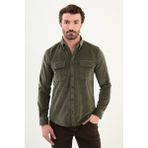 Düz Slim Fit Uzun Kollu Kadife Erkek Gömlek - Haki
