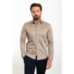 Düz Vizon Rengi Slim Fit Polikort Yaka Klasik Erkek Gömlek - XL