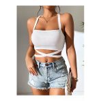Düz Yaka Çapraz Bağcıklı Askılı Beyaz Renk Fitilli Crop Top Bluz