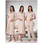 Dvina Effortt Lohusa 4'lü Set - Sabahlık/pijama Takımı/gecelik Bej - 8026 - 2XL