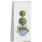 Dwept Mavi ve Beyaz Porselen Mutfak Havluları, Preppy Chinoiserie El Havluları, Suluboya Yeşil Budama Ağaçları Chinoiserie Banyo Mutfak Dekoru, Vintage Bitki Bulaşık Havluları Mutfak için Çay