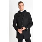 Dynamo Erkek Siyah Kapüşonlu Kaban, Yün Karışımlı, Fermuarlı ve Düğmeli, Casual Stilde - 4XL