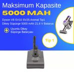 Dyson V8 SV10 SV25 Animal Tip1 Dikey Süpürge 5000 mAh 21.6 V Batarya – Orjinal Uyumlu Uzun Ömürlü, Yüksek Performans Pil