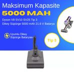 Dyson V8 SV10 SV25 Tip 3 Dikey Süpürge 5000 mAh 21.6 V Batarya – Orjinal Uyumlu Uzun Ömürlü, Yüksek Performans Pil