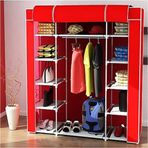 Dzgn Home Çift Yandan Raflı Askılı Kırmızı Metal Profilli Kumaş Geniş Bez Dolap Portatif Gardrop