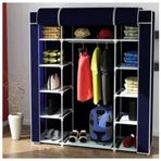 Dzgn Home Çift Yandan Raflı Askılı Lacivert Metal Profilli Kumaş Geniş Bez Dolap Portatif Gardrop