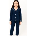 E Çocuk Kız Çocuk Pamuklu Düğmeli Uzun Kollu Pijama Takımı - 1507 -1508 - Lacivert - 9 Yaş