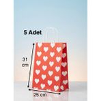 e ERTA Beyaz Kalp Desenli Kırmızı Kraft Çanta 25X31CM 5 Adet Hediye Poşeti,hediye Paketi Kraft Kağıt Çanta - 25 x 31 cm