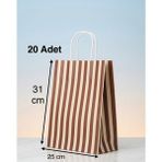 e ERTA Kahverengi ve Krem Çizgili Kraft Çanta 25X31CM 20 Adet Hediye Poşeti,hediye Paketi Kraft Kağıt Çanta - 25 x 31 cm