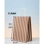 e ERTA Kahverengi ve Krem Çizgili Kraft Çanta 25X31CM 5 Adet Hediye Poşeti,hediye Paketi Kraft Kağıt Çanta - 25 x 31 cm