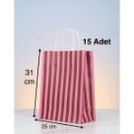 e ERTA Pembe ve Kahverengi Çizgili Kraft Çanta 25X31CM 15ADET Hediye Poşeti,hediye Paketi Kraft Kağıt Çanta - 25 x 31 cm