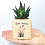 E-Hediyeci Kişiye Özel Book Lover Temalı Ahşap Küp Saksı ve Haworthia Sukulent - MK04