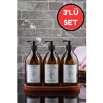 EA Home Concept Ahşap Stantlı 3'lü Amber Cam Sıvı Sabun Bulaşık Deterjanı ve Çamaşır Suyu Şişesi Sabunluk 500ml