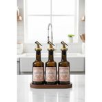 EA Home Concept Ahşap Stantlı Gold Başlıklı 3'lü 250 ml Sirke | Nar Ekşisi ve Limon Suyu Sosluk Seti Cam Yağdanlık