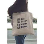 Eat Sleep Anime Repeat Hediyelik Baskılı %100 Pamuklu Ham Bez Bej Çanta