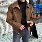 Eawfgtuw Erkek Süet Kırpılmış Yaka Bol Ceket Moda Maillard Vintage Kaban İlkbahar Sonbahar Günlük Dış Giyim Uzun Kollu Düz Renk (2XL Kahverengi)