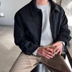 Eawfgtuw Erkek Süet Kırpılmış Yaka Bol Ceket Moda Maillard Vintage Kaban İlkbahar Sonbahar Günlük Dış Giyim Uzun Kollu Düz Renk (XL Siyah)