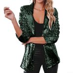 Eawfgtuw Kadın Parlak Pullu Blazer Günlük Uzun Kollu Simli Ceket Kaban Sonbahar Rave Parti Dış Giyim Gece Kulübü Y2K Moda Sokak Stili Yaka Hırka (M Koyu yeşil)