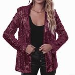 Eawfgtuw Kadın Parlak Pullu Blazer Günlük Uzun Kollu Simli Ceket Kaban Sonbahar Rave Parti Dış Giyim Gece Kulübü Y2K Moda Sokak Stili Yaka Hırka (XXXL Bordo)