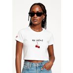 Eazy Co Ma Cherie Beyaz Crop Top Bisiklet Yaka Kısa Kollu T-Shirt