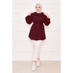 EBRUTESETTÜR Çift Yakalı Beli Bağcıklı Tesettür Gömlek Bordo